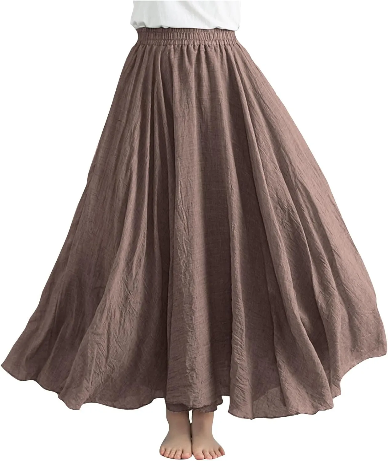 DDAPJ pyju Women's Summer Linen Skirts Trendy Casual A-Line Flowy Long Skirts Solid Color Elastic Waist Beach Vacation Skirts