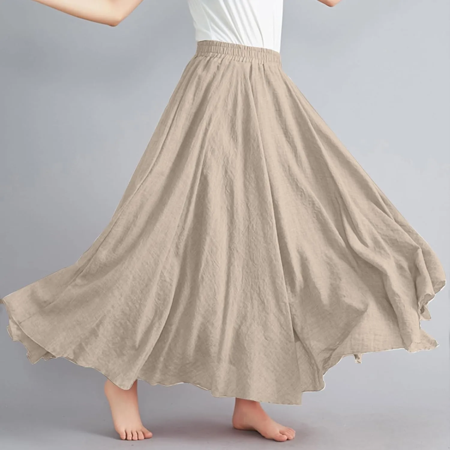 DDAPJ pyju Women's Summer Linen Skirts Trendy Casual A-Line Flowy Long Skirts Solid Color Elastic Waist Beach Vacation Skirts