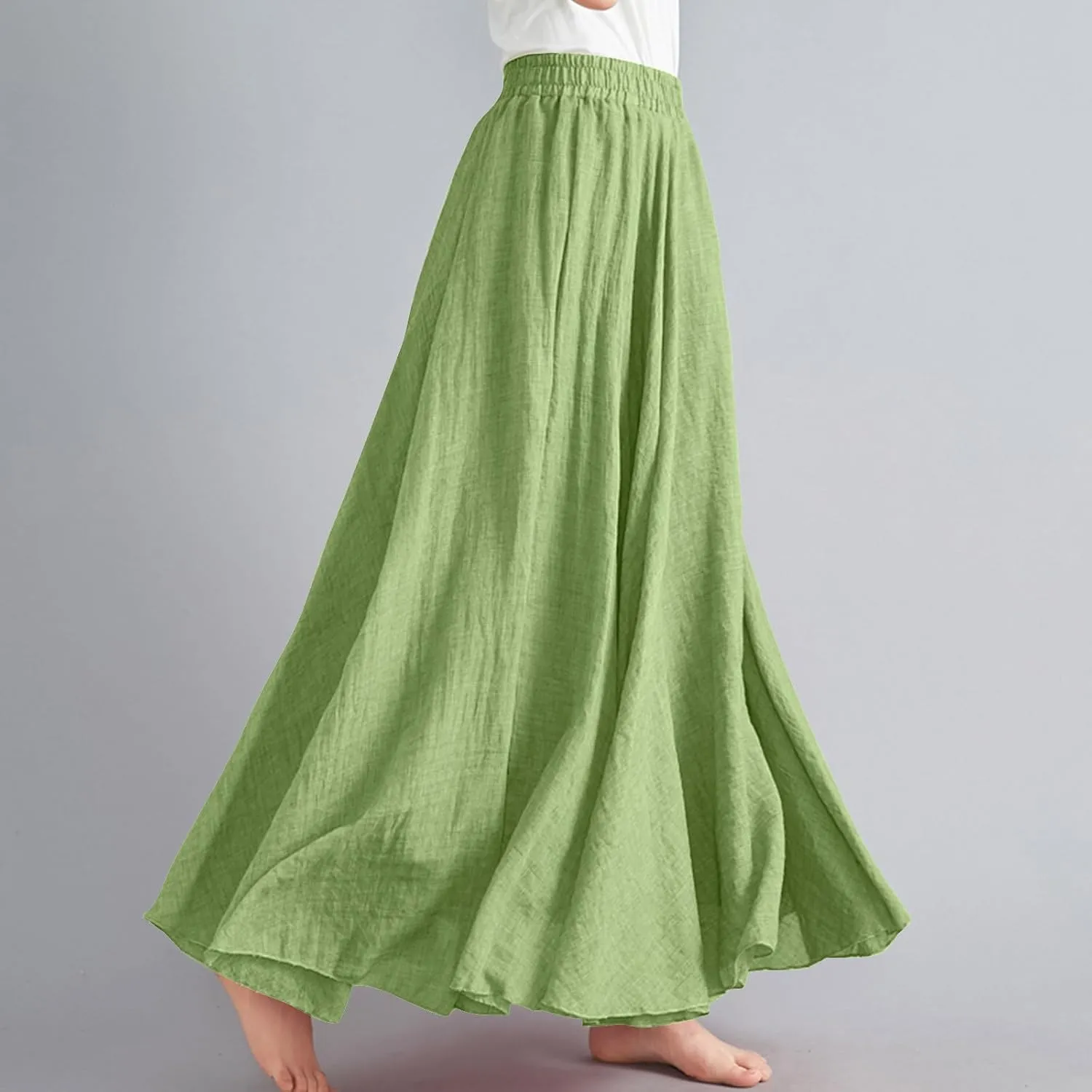 DDAPJ pyju Women's Summer Linen Skirts Trendy Casual A-Line Flowy Long Skirts Solid Color Elastic Waist Beach Vacation Skirts