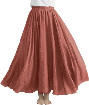 DDAPJ pyju Women's Summer Linen Skirts Trendy Casual A-Line Flowy Long Skirts Solid Color Elastic Waist Beach Vacation Skirts