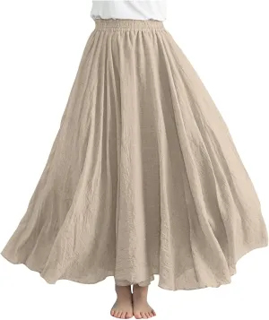 DDAPJ pyju Women's Summer Linen Skirts Trendy Casual A-Line Flowy Long Skirts Solid Color Elastic Waist Beach Vacation Skirts