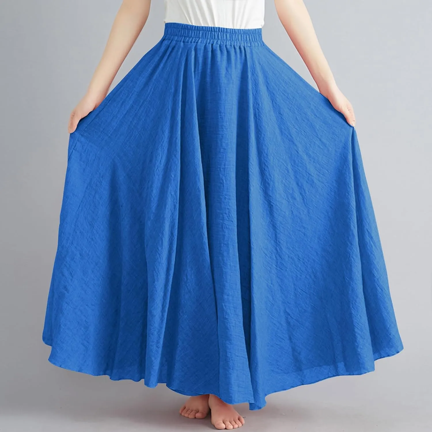 DDAPJ pyju Women's Summer Linen Skirts Trendy Casual A-Line Flowy Long Skirts Solid Color Elastic Waist Beach Vacation Skirts