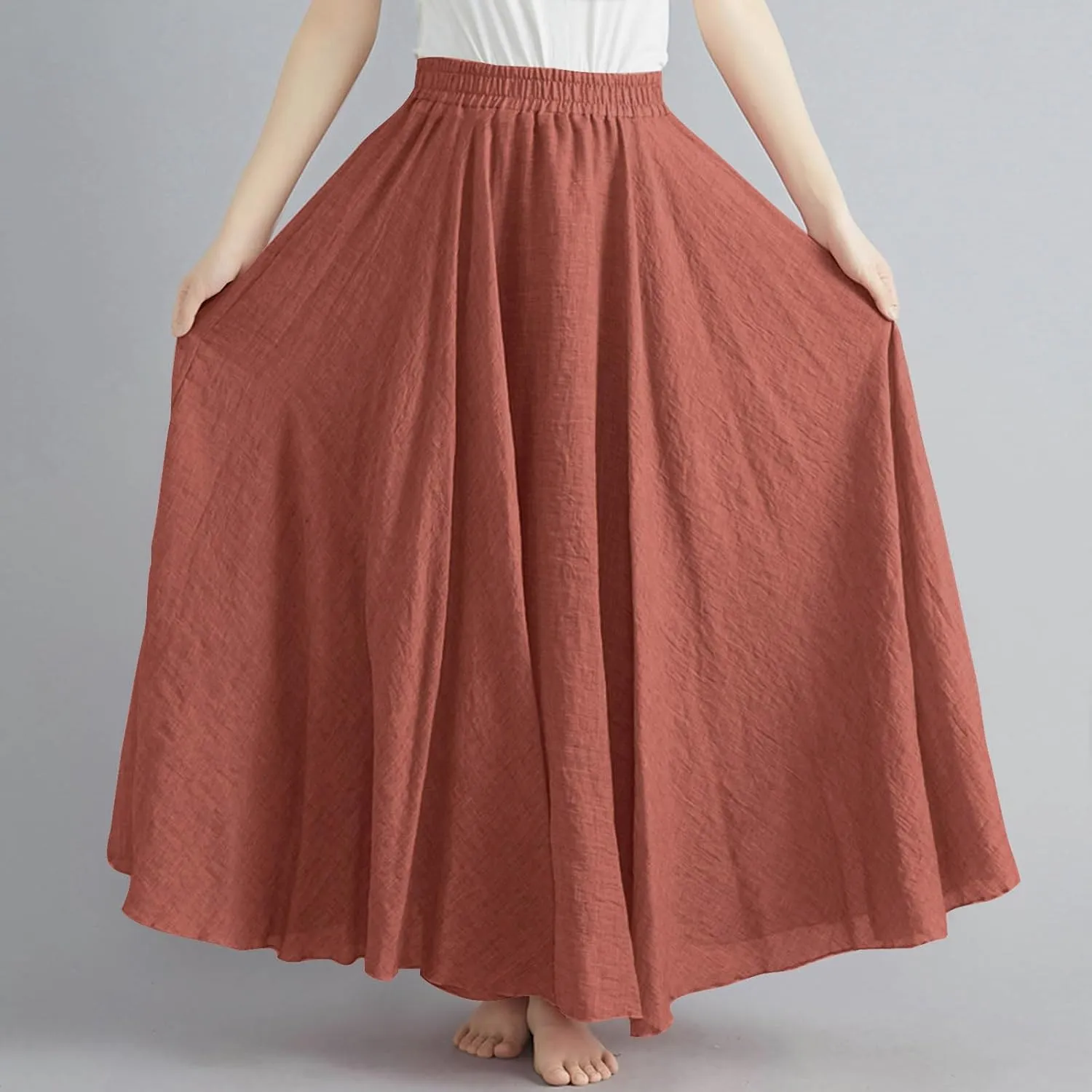 DDAPJ pyju Women's Summer Linen Skirts Trendy Casual A-Line Flowy Long Skirts Solid Color Elastic Waist Beach Vacation Skirts