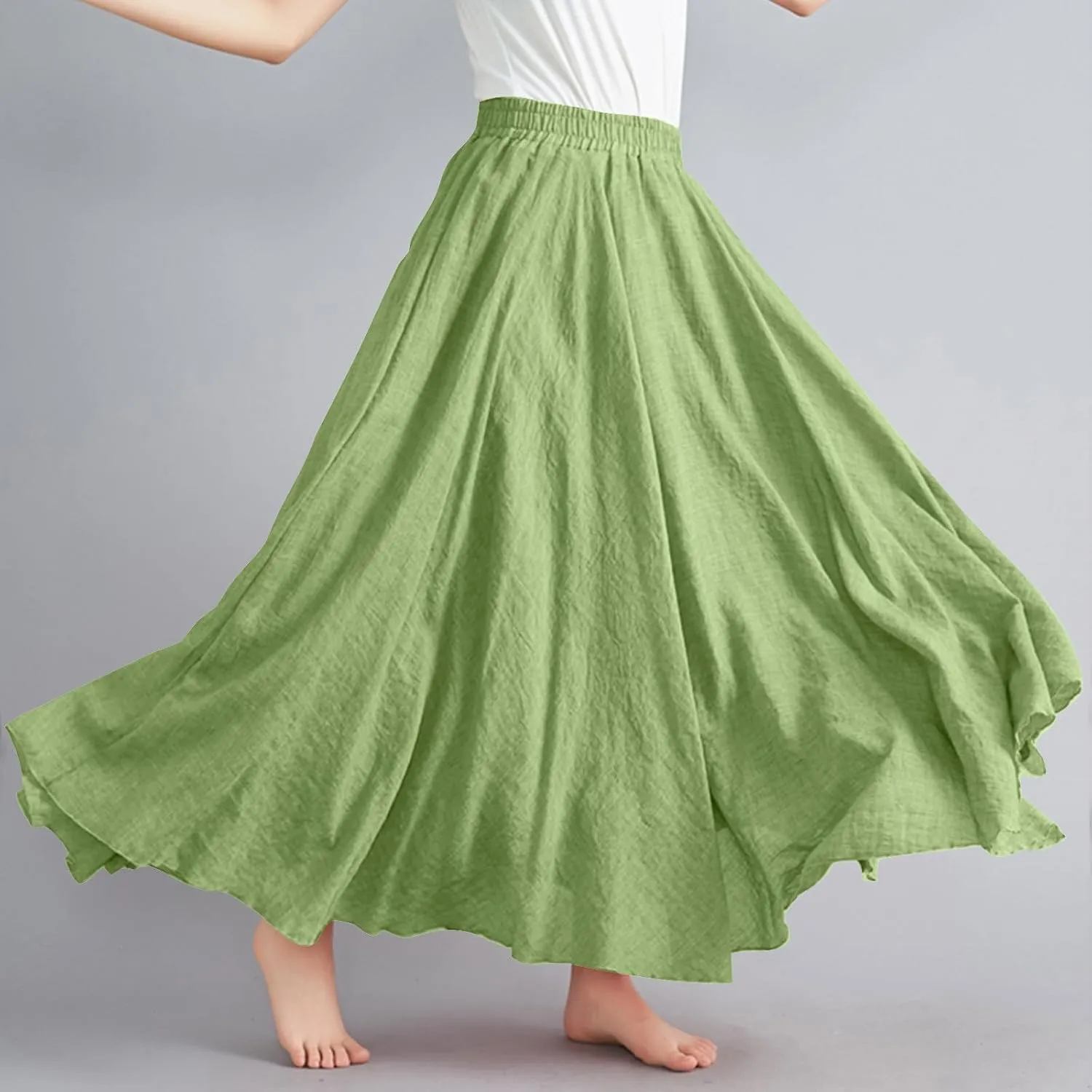 DDAPJ pyju Women's Summer Linen Skirts Trendy Casual A-Line Flowy Long Skirts Solid Color Elastic Waist Beach Vacation Skirts