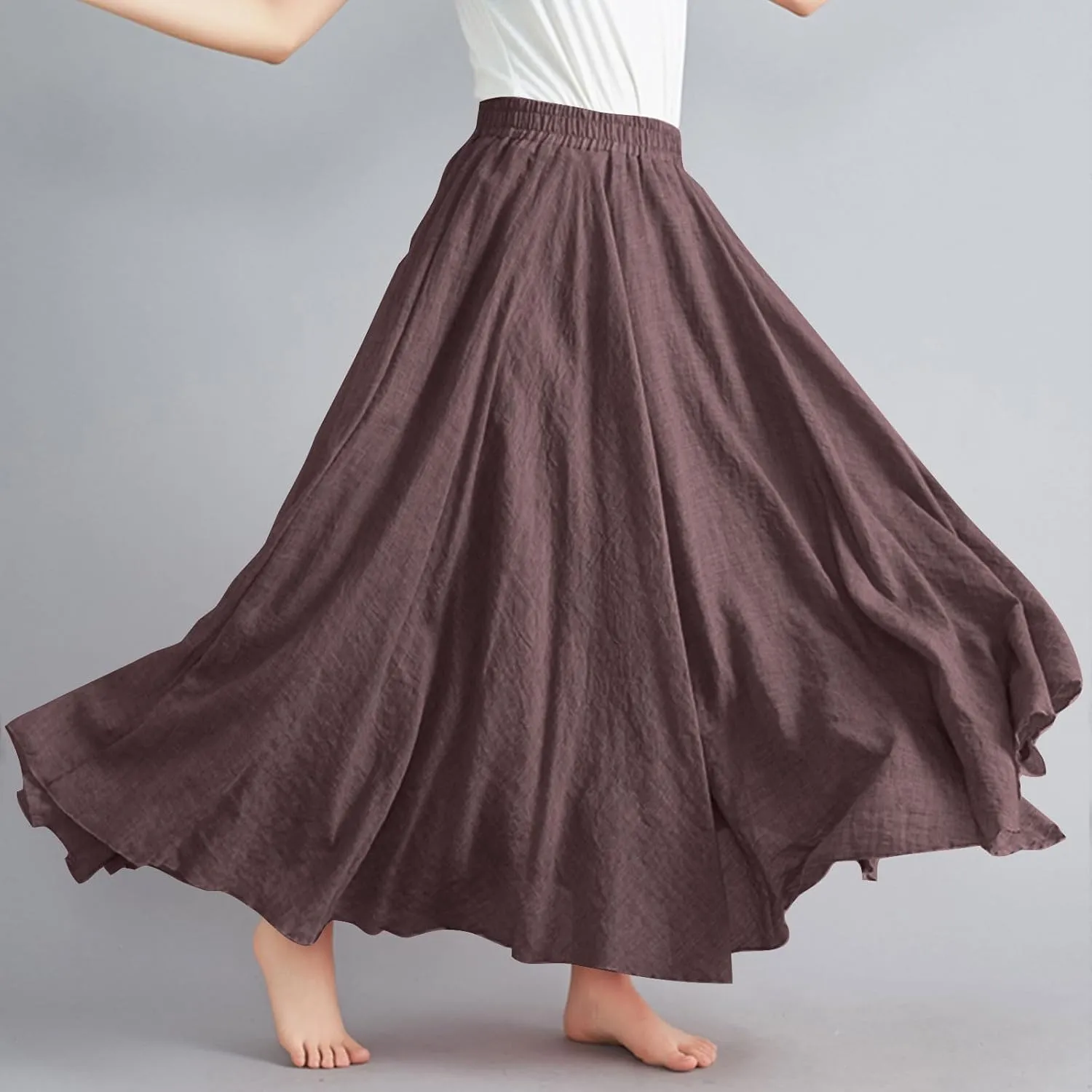 DDAPJ pyju Women's Summer Linen Skirts Trendy Casual A-Line Flowy Long Skirts Solid Color Elastic Waist Beach Vacation Skirts