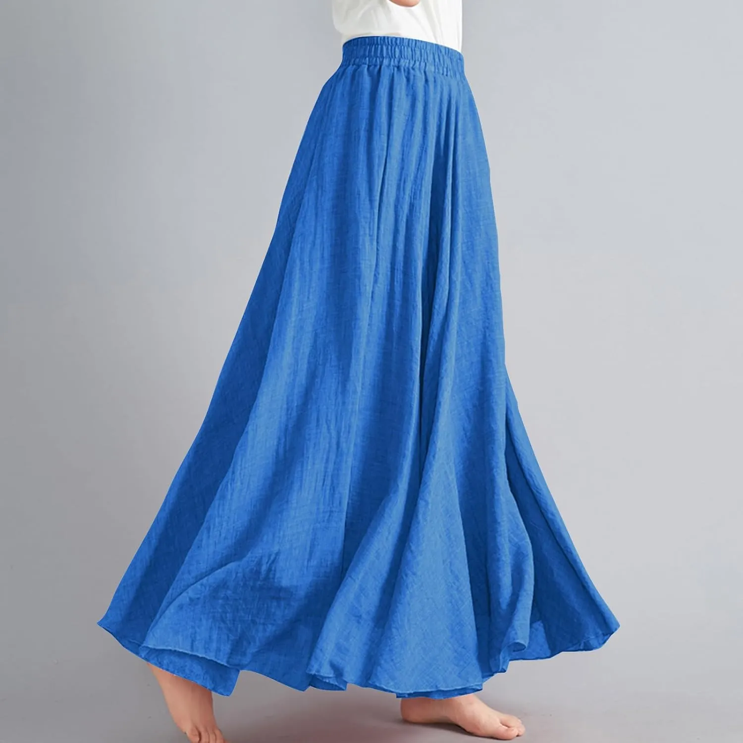 DDAPJ pyju Women's Summer Linen Skirts Trendy Casual A-Line Flowy Long Skirts Solid Color Elastic Waist Beach Vacation Skirts