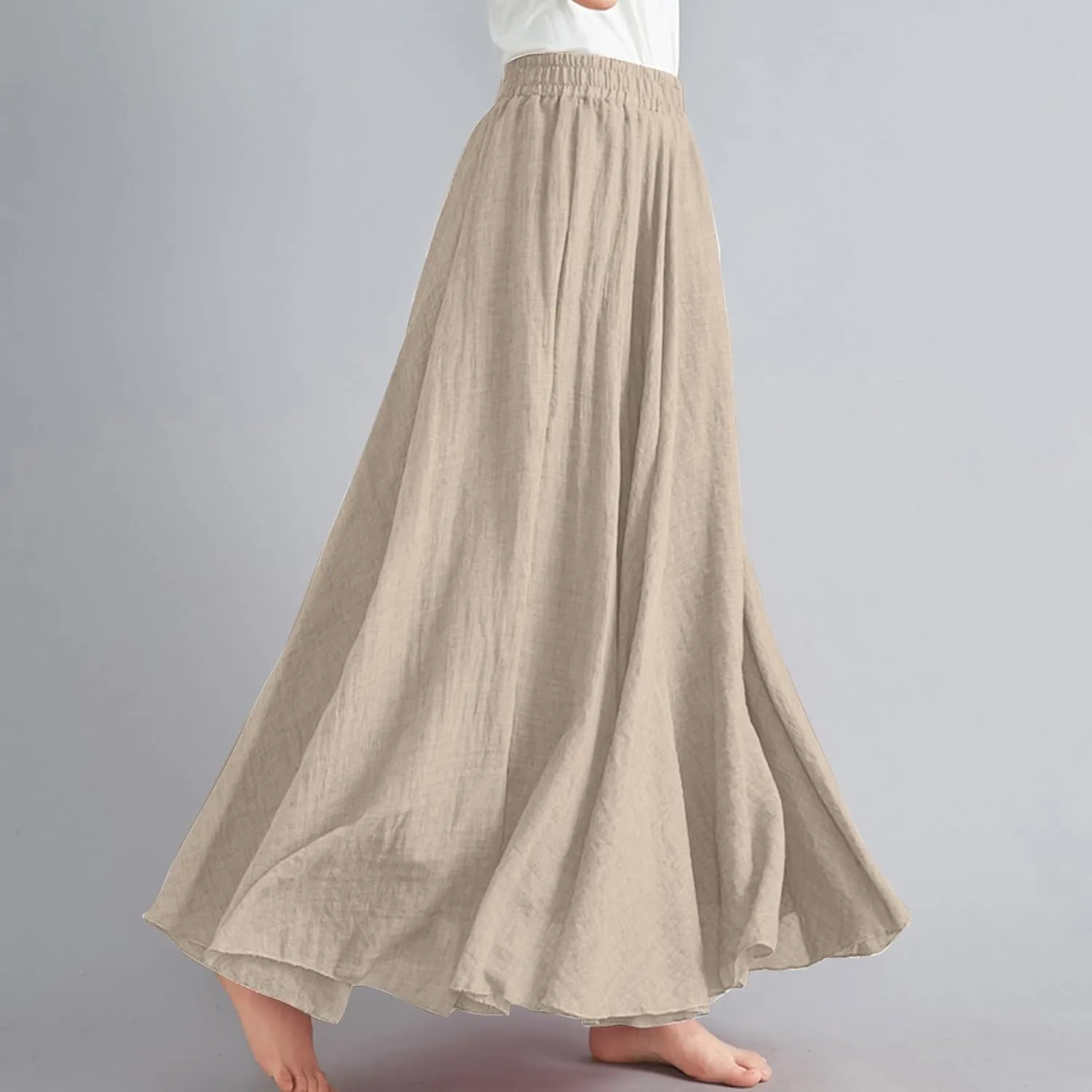 DDAPJ pyju Women's Summer Linen Skirts Trendy Casual A-Line Flowy Long Skirts Solid Color Elastic Waist Beach Vacation Skirts