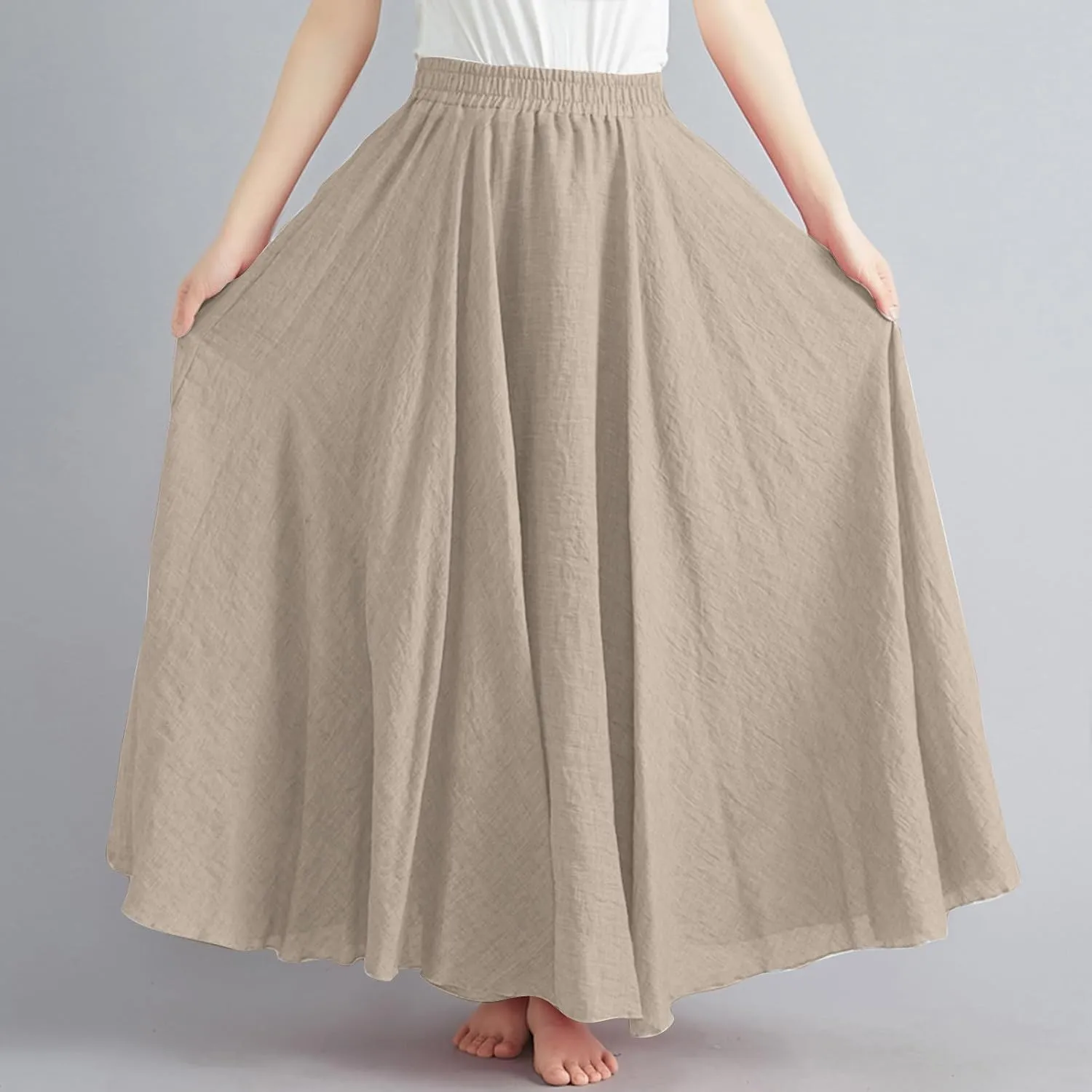 DDAPJ pyju Women's Summer Linen Skirts Trendy Casual A-Line Flowy Long Skirts Solid Color Elastic Waist Beach Vacation Skirts