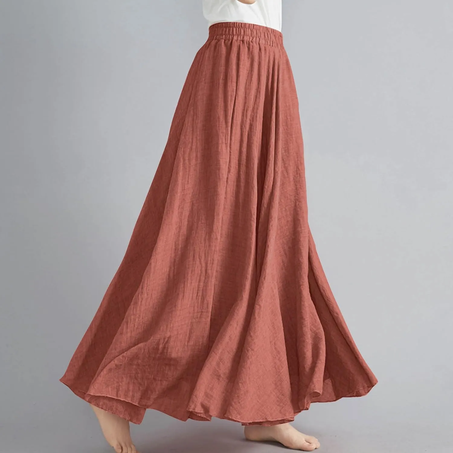 DDAPJ pyju Women's Summer Linen Skirts Trendy Casual A-Line Flowy Long Skirts Solid Color Elastic Waist Beach Vacation Skirts