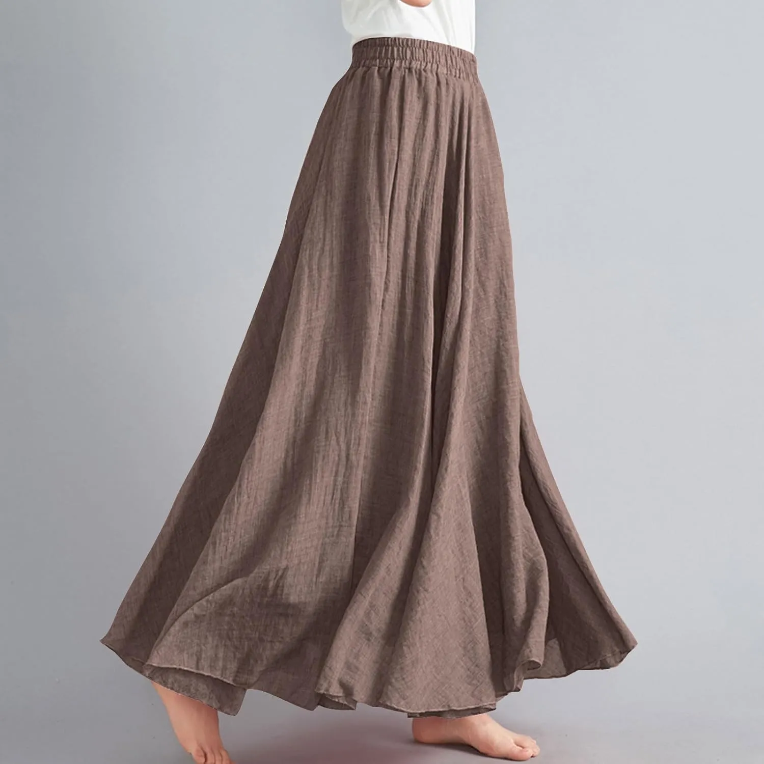 DDAPJ pyju Women's Summer Linen Skirts Trendy Casual A-Line Flowy Long Skirts Solid Color Elastic Waist Beach Vacation Skirts