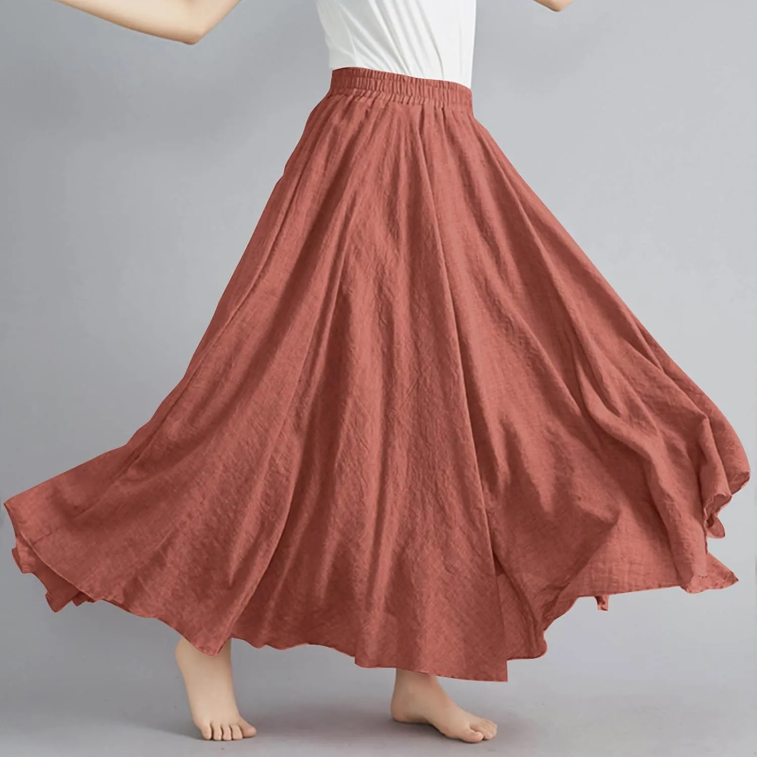 DDAPJ pyju Women's Summer Linen Skirts Trendy Casual A-Line Flowy Long Skirts Solid Color Elastic Waist Beach Vacation Skirts