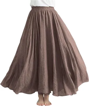 DDAPJ pyju Women's Summer Linen Skirts Trendy Casual A-Line Flowy Long Skirts Solid Color Elastic Waist Beach Vacation Skirts