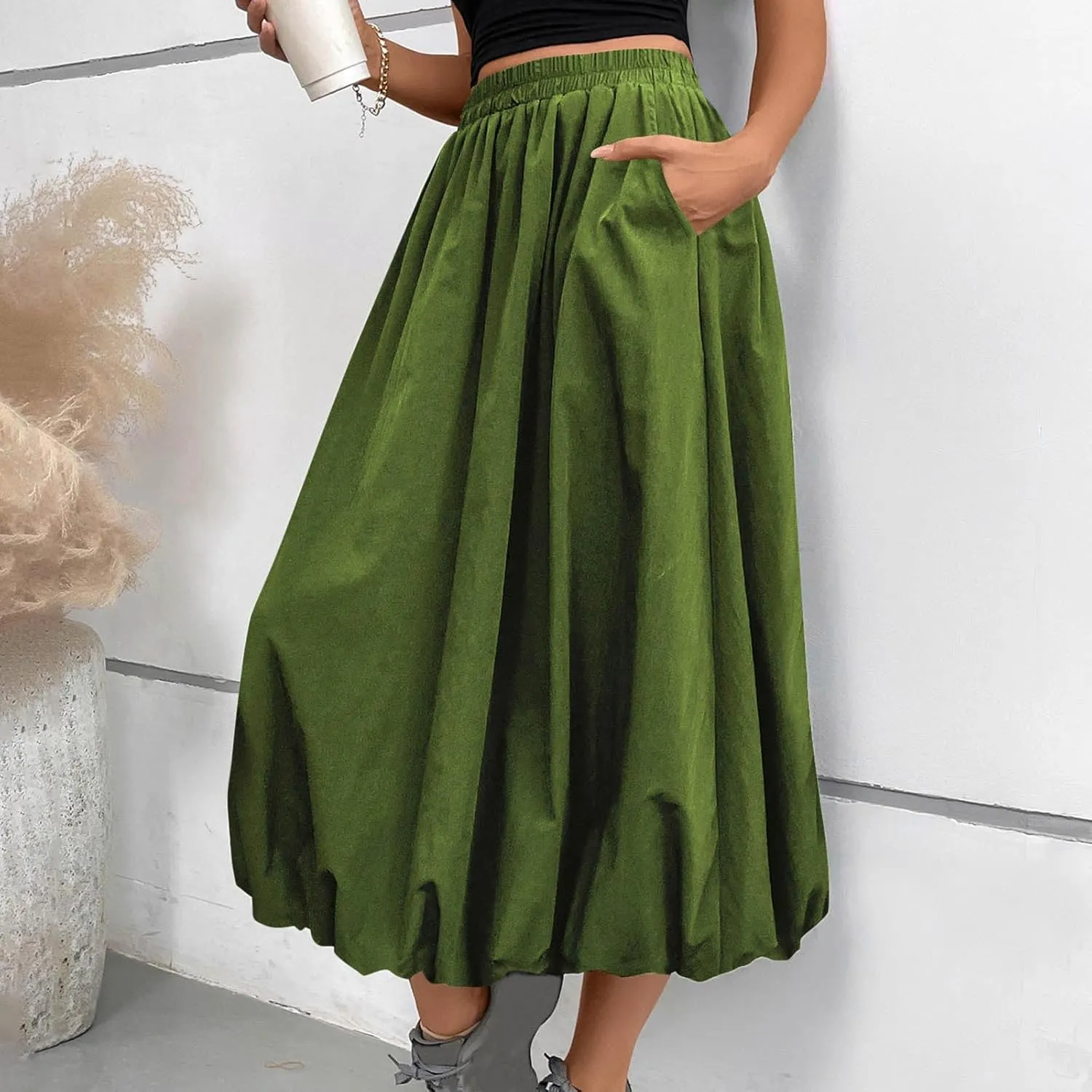 DDAPJ pyju Y2K Bubble Maxi Skirts for Women A Line Long Pleated Casual Summer Skirts 2025 Elastic Waist Skirt with Pockets