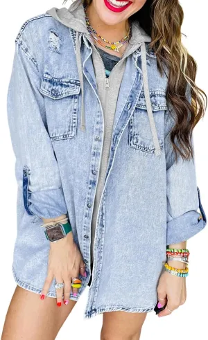 Ecosunny Womens Casual Long Sleeve Button Down Shirt Jacket Oversized Contrast Hooded Denim Lightweight Coat Tops