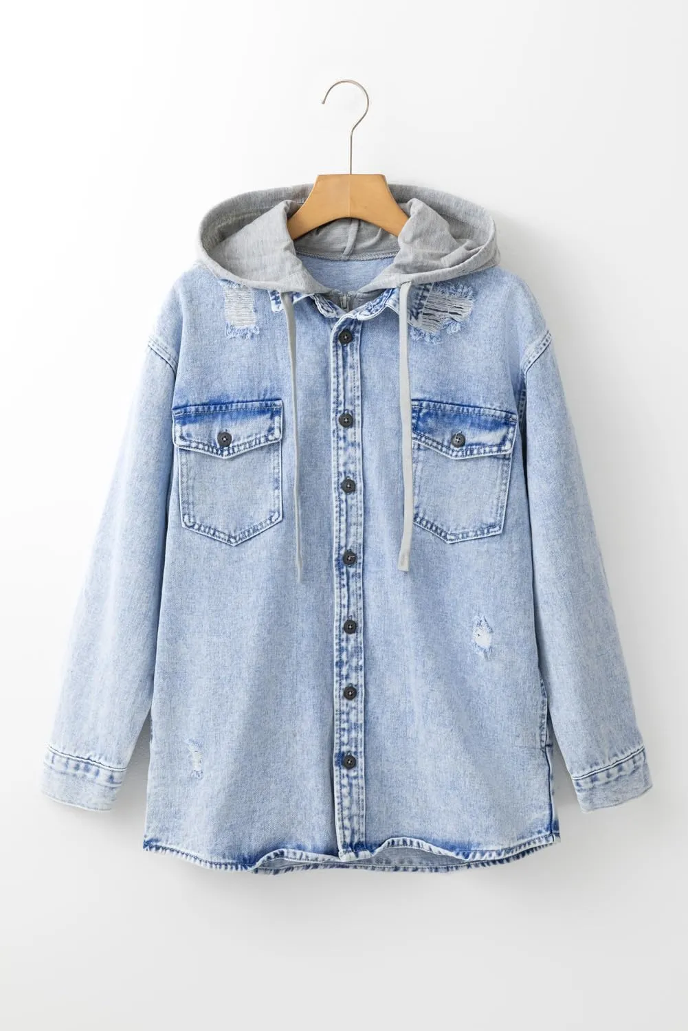 Ecosunny Womens Casual Long Sleeve Button Down Shirt Jacket Oversized Contrast Hooded Denim Lightweight Coat Tops