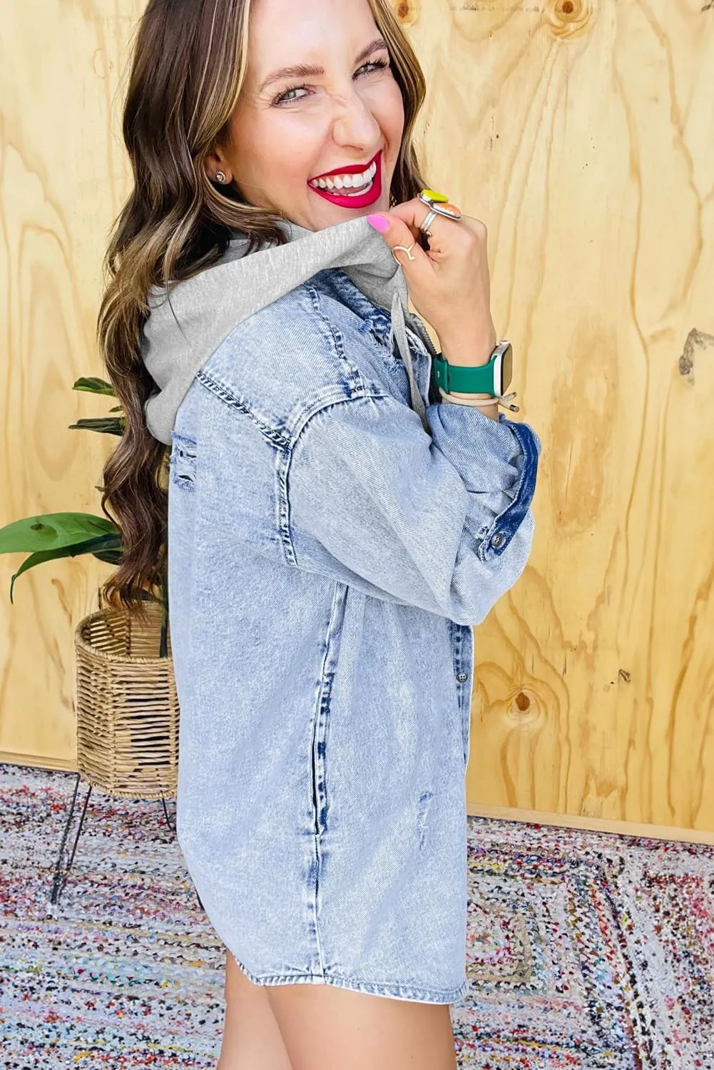 Ecosunny Womens Casual Long Sleeve Button Down Shirt Jacket Oversized Contrast Hooded Denim Lightweight Coat Tops