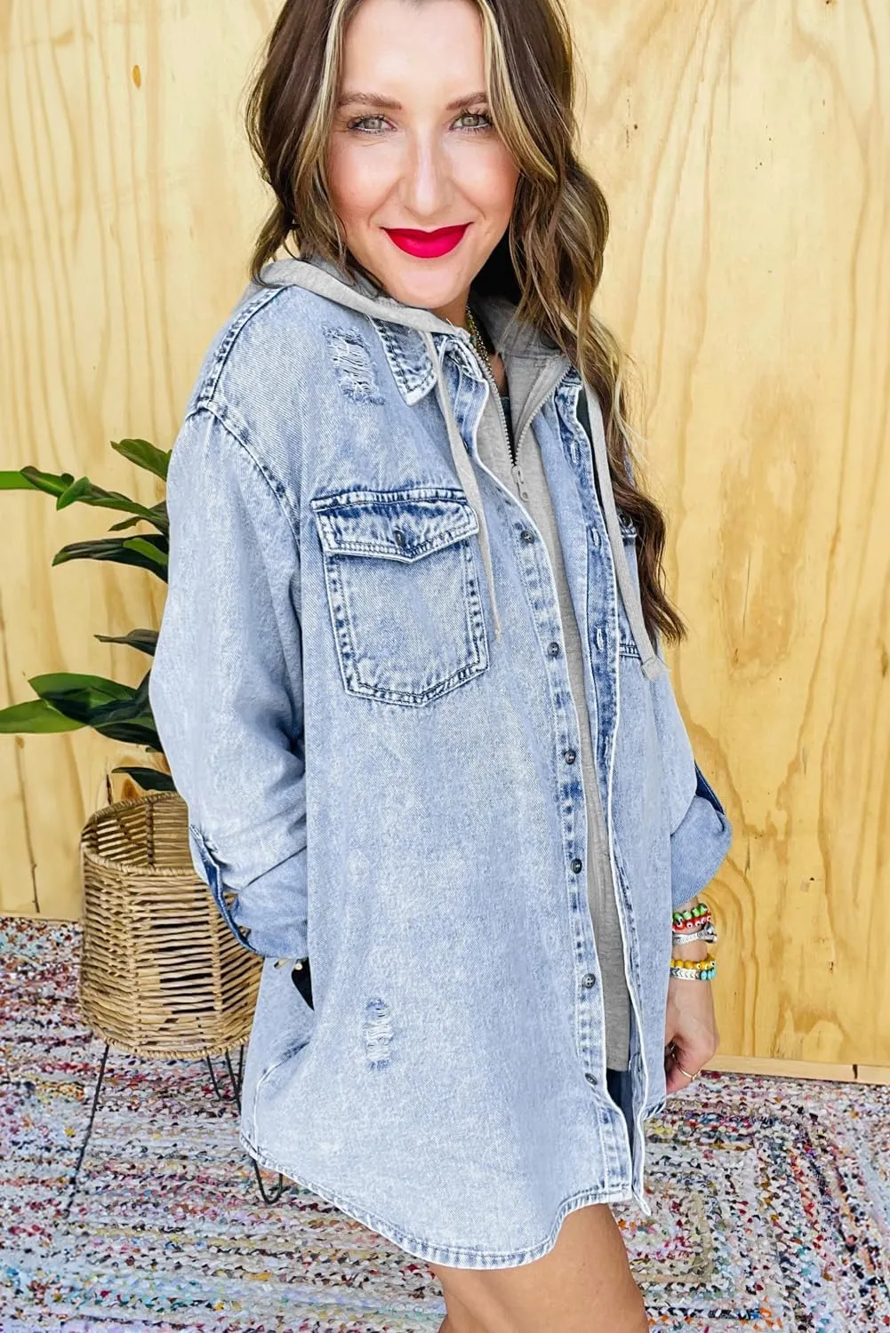 Ecosunny Womens Casual Long Sleeve Button Down Shirt Jacket Oversized Contrast Hooded Denim Lightweight Coat Tops