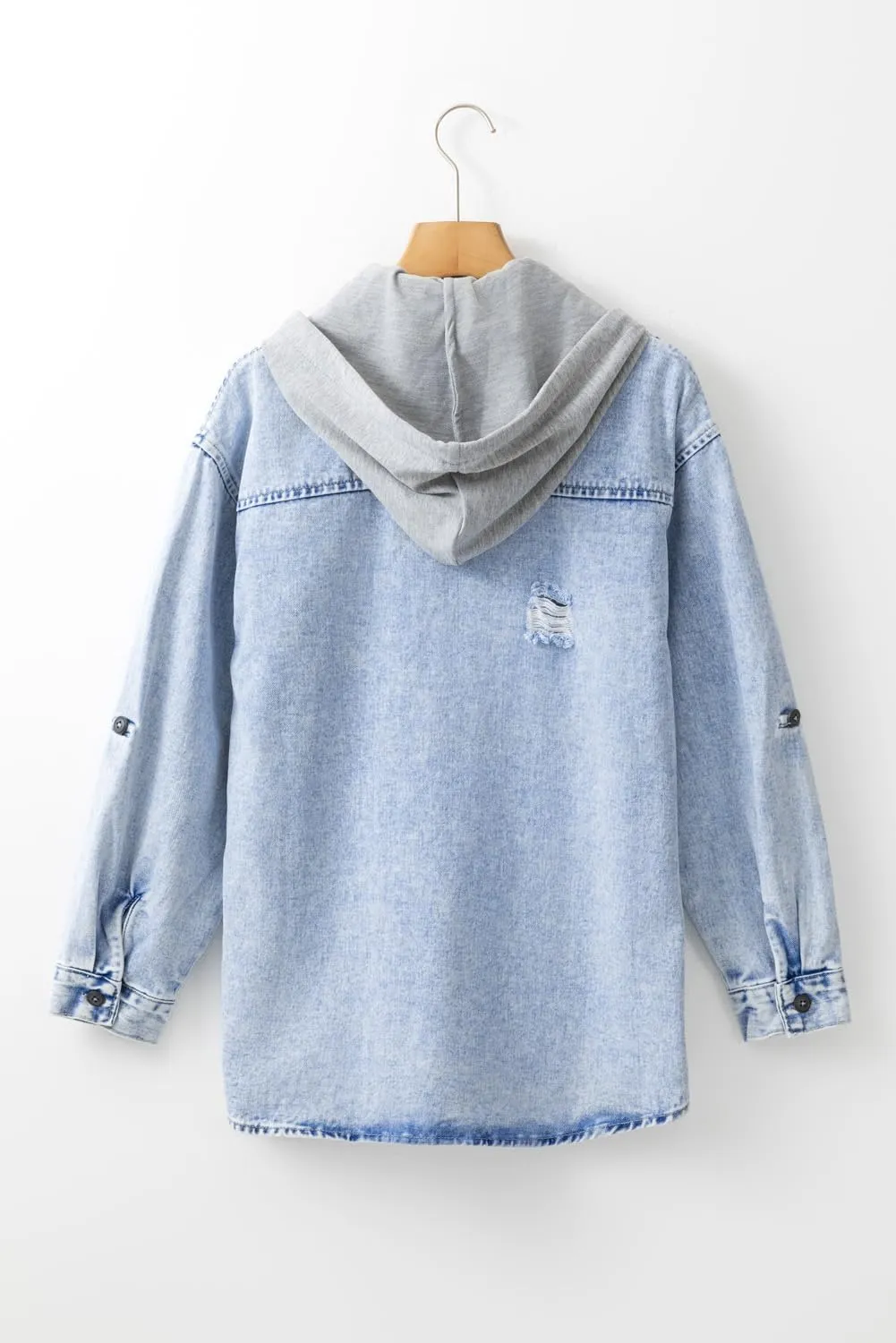 Ecosunny Womens Casual Long Sleeve Button Down Shirt Jacket Oversized Contrast Hooded Denim Lightweight Coat Tops