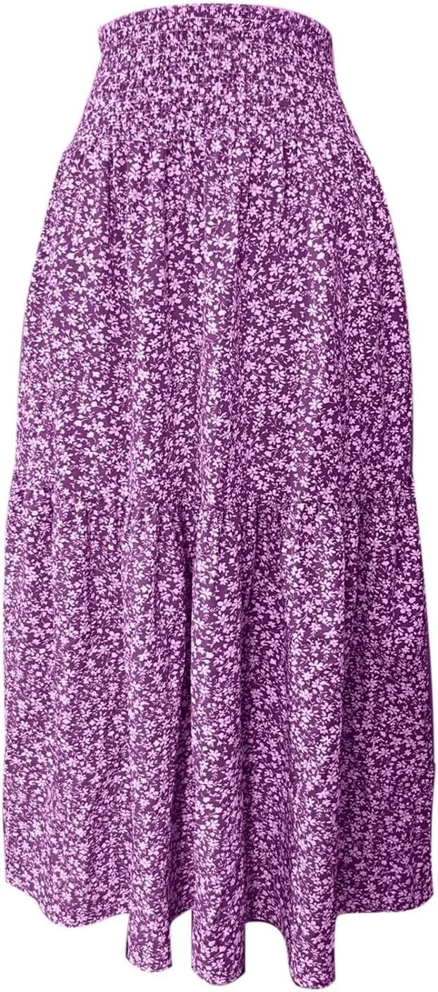 Elastic High Waist Flowy Maxi Skirts Women Boho Floral Tiered Pleated Summer Casual Long Beach Skirt