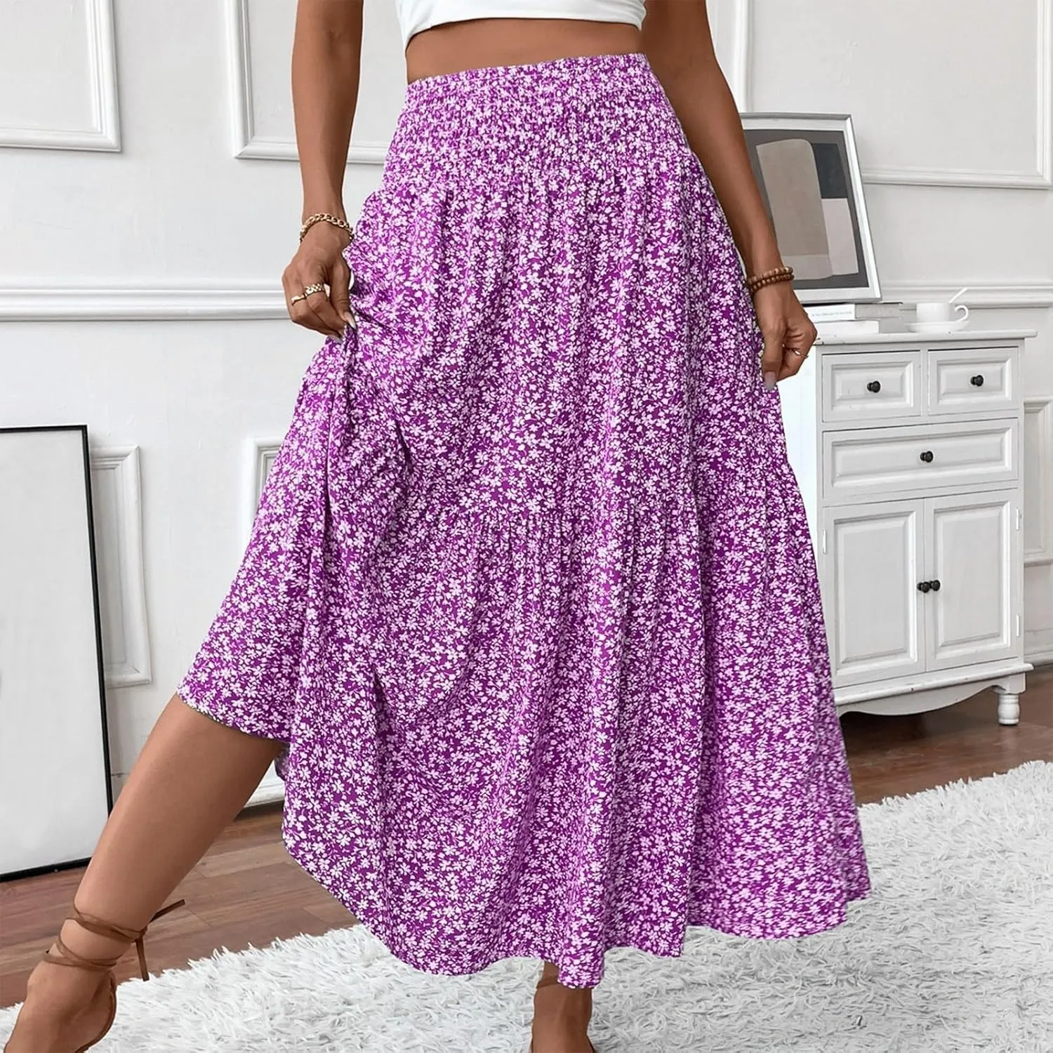 Elastic High Waist Flowy Maxi Skirts Women Boho Floral Tiered Pleated Summer Casual Long Beach Skirt