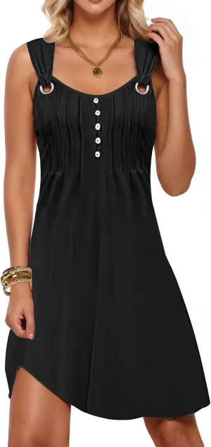 ETCYY Summer Dresses for Women 2025 Vacation Sleeveless Sundresses Beach Swimsuit Cover Ups Button Down Pleated T-Shirt Dress