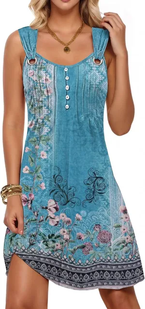 ETCYY Summer Dresses for Women 2025 Vacation Sleeveless Sundresses Beach Swimsuit Cover Ups Button Down Pleated T-Shirt Dress