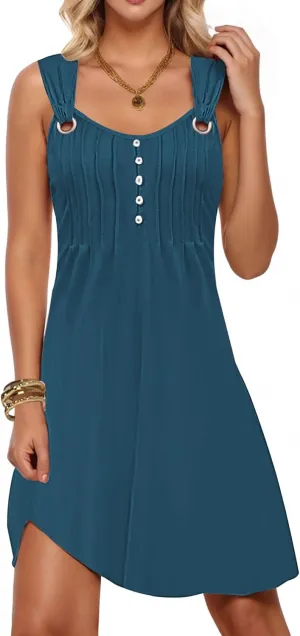 ETCYY Summer Dresses for Women 2025 Vacation Sleeveless Sundresses Beach Swimsuit Cover Ups Button Down Pleated T-Shirt Dress