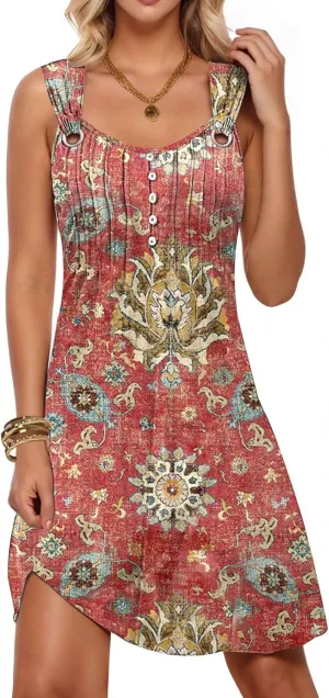 ETCYY Summer Dresses for Women 2025 Vacation Sleeveless Sundresses Beach Swimsuit Cover Ups Button Down Pleated T-Shirt Dress