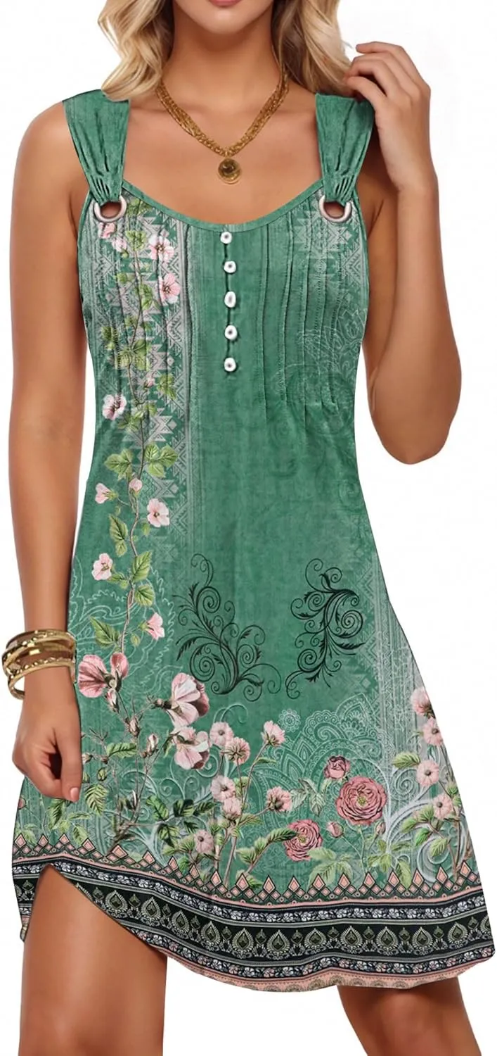 ETCYY Summer Dresses for Women 2025 Vacation Sleeveless Sundresses Beach Swimsuit Cover Ups Button Down Pleated T-Shirt Dress