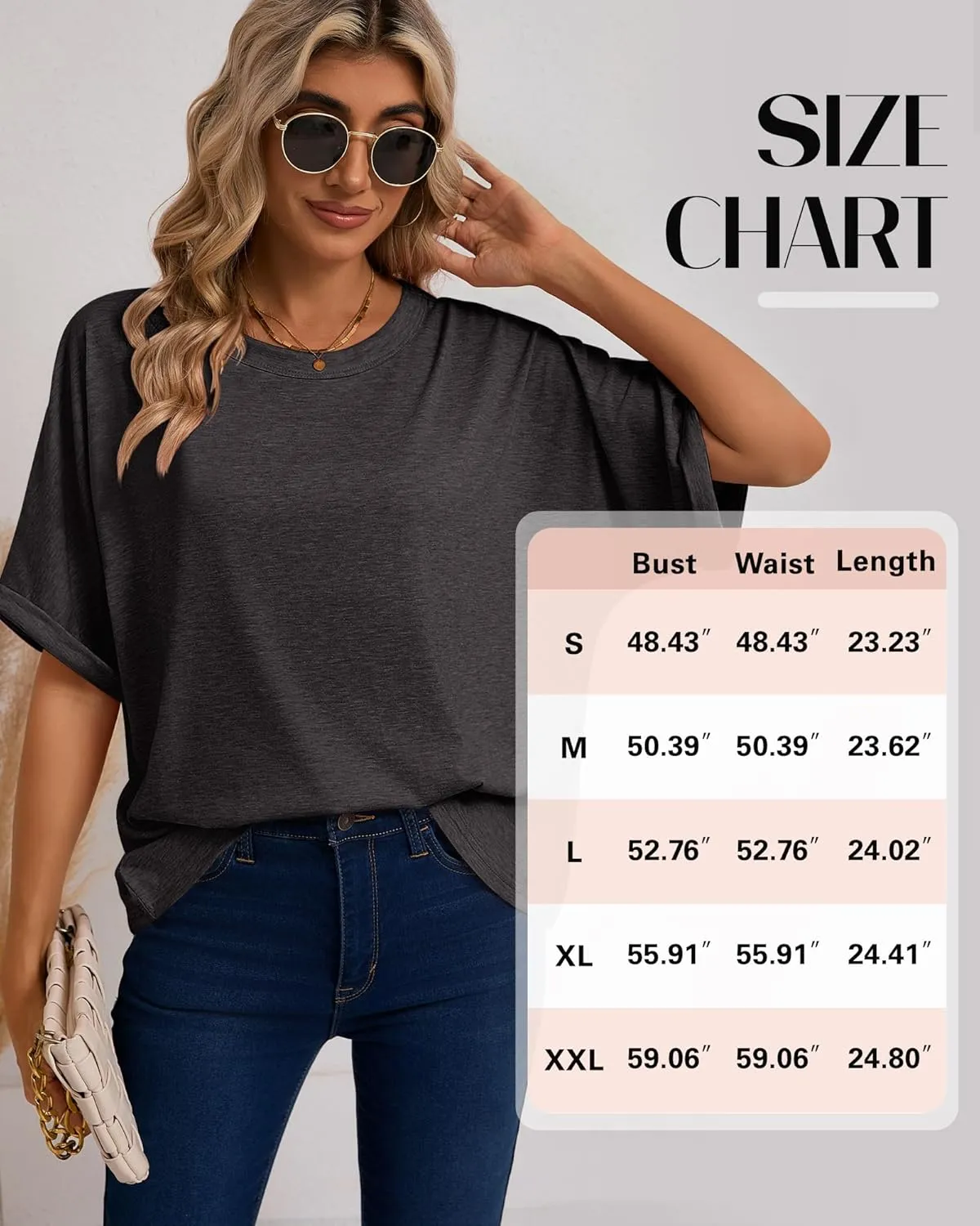 Ficerd 3 Pack Women's Oversized T Shirts Summer Rolled Sleeve Tees Solid Loose Fit Tops Basic Casual Crewneck Shirts