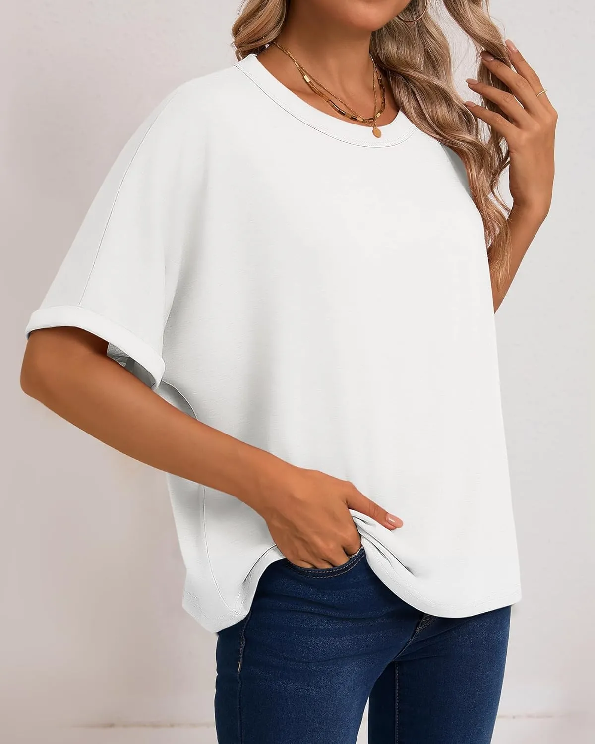 Ficerd 3 Pack Women's Oversized T Shirts Summer Rolled Sleeve Tees Solid Loose Fit Tops Basic Casual Crewneck Shirts