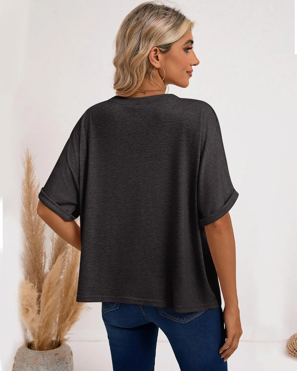 Ficerd 3 Pack Women's Oversized T Shirts Summer Rolled Sleeve Tees Solid Loose Fit Tops Basic Casual Crewneck Shirts