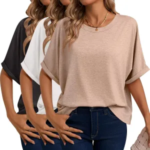 Ficerd 3 Pack Women's Oversized T Shirts Summer Rolled Sleeve Tees Solid Loose Fit Tops Basic Casual Crewneck Shirts