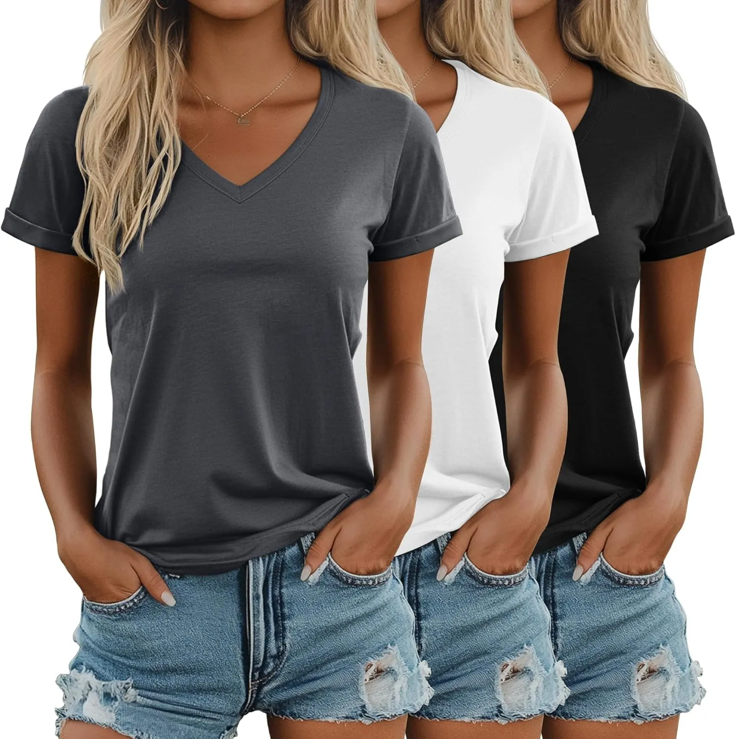 Ficerd 3 Pack Women’s V Neck T Shirts, Summer Casual Short Sleeve Tops Loose Fit Rolled Sleeve Tees 2025 Trendy Cotton Shirts