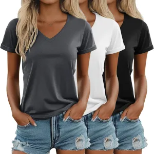 Ficerd 3 Pack Women’s V Neck T Shirts, Summer Casual Short Sleeve Tops Loose Fit Rolled Sleeve Tees 2025 Trendy Cotton Shirts