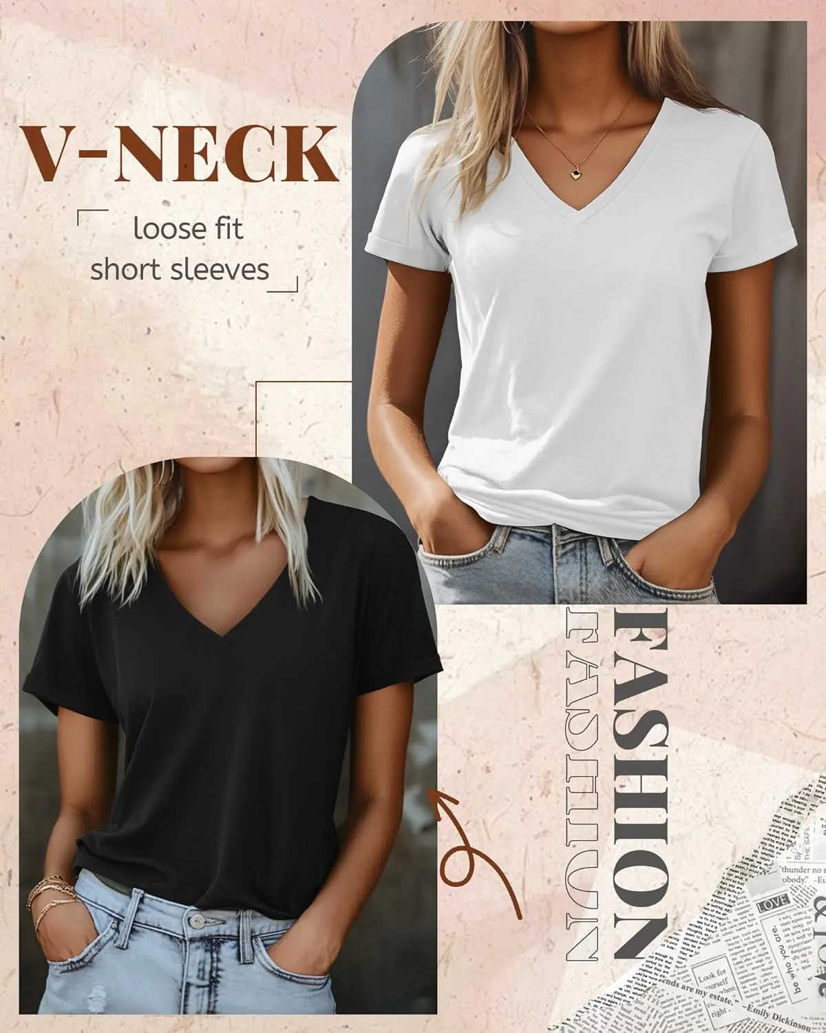 Ficerd 3 Pack Women’s V Neck T Shirts, Summer Casual Short Sleeve Tops Loose Fit Rolled Sleeve Tees 2025 Trendy Cotton Shirts