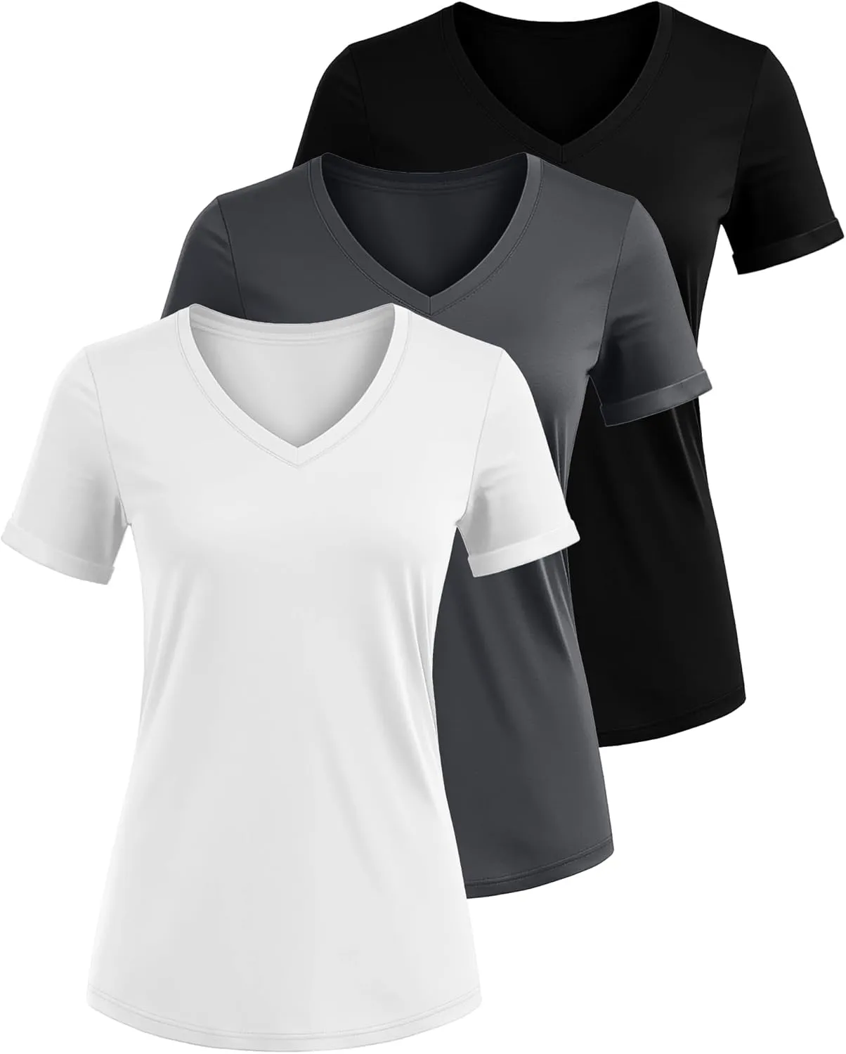 Ficerd 3 Pack Women’s V Neck T Shirts, Summer Casual Short Sleeve Tops Loose Fit Rolled Sleeve Tees 2025 Trendy Cotton Shirts