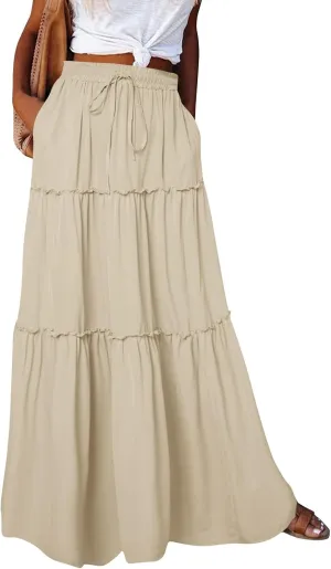 FlekmanArt Women's Summer Boho Maxi Skirt A-Line Flowy Ruffle Tiered Elastic High Waist Beach Pleated Long Skirts with Pocket
