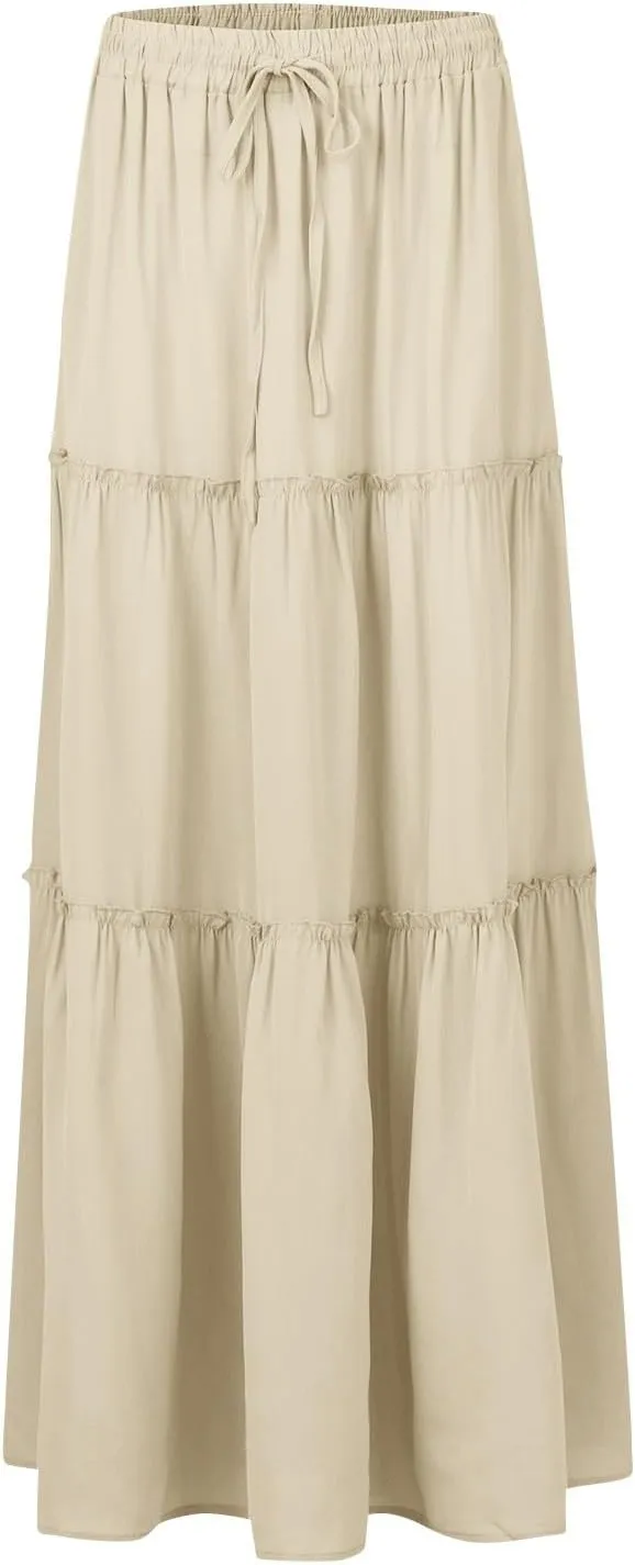 FlekmanArt Women's Summer Boho Maxi Skirt A-Line Flowy Ruffle Tiered Elastic High Waist Beach Pleated Long Skirts with Pocket