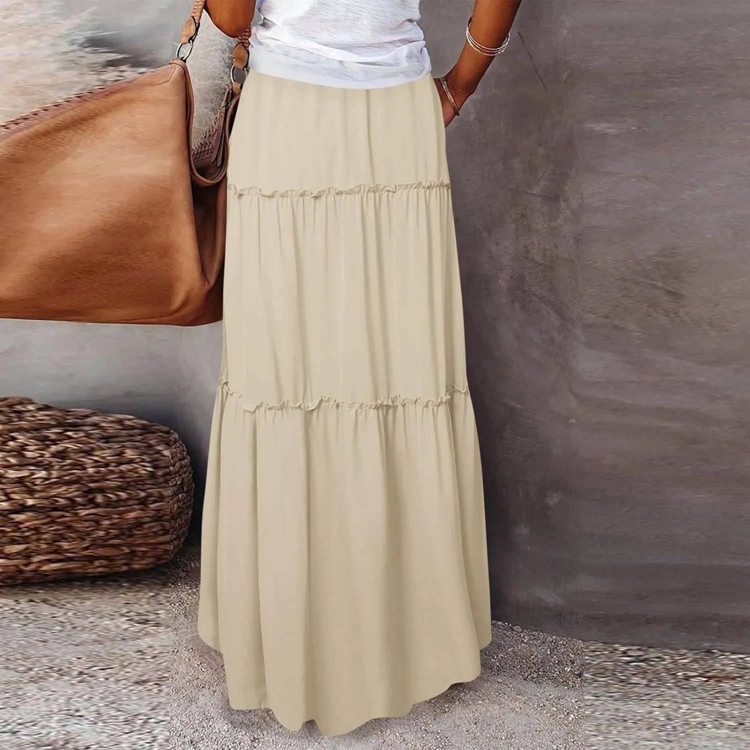 FlekmanArt Women's Summer Boho Maxi Skirt A-Line Flowy Ruffle Tiered Elastic High Waist Beach Pleated Long Skirts with Pocket