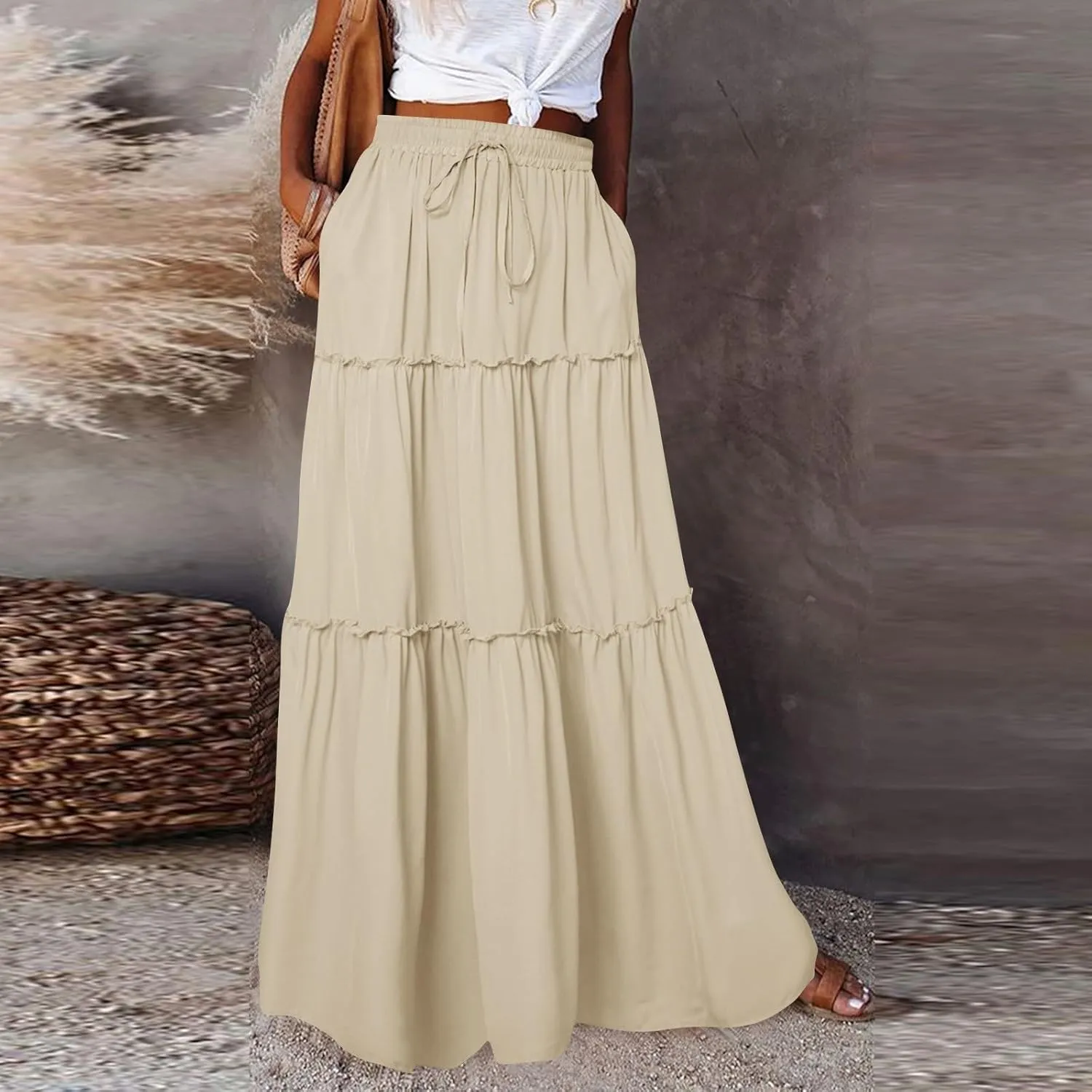 FlekmanArt Women's Summer Boho Maxi Skirt A-Line Flowy Ruffle Tiered Elastic High Waist Beach Pleated Long Skirts with Pocket