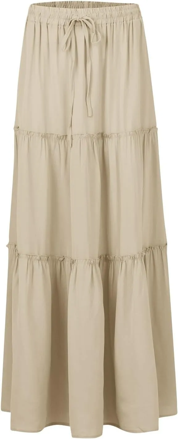 FlekmanArt Women's Summer Boho Maxi Skirt A-Line Flowy Ruffle Tiered Elastic High Waist Beach Pleated Long Skirts with Pocket