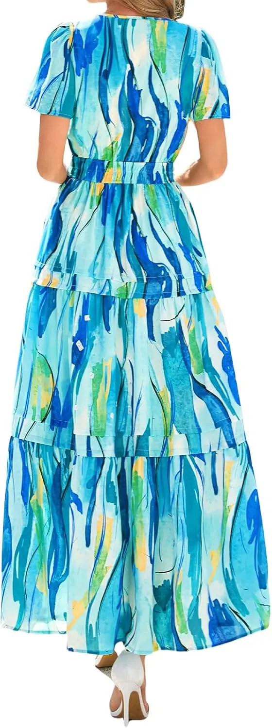 Floral Dress for Women Summer Boho Maxi Dresses Casual Short Sleeve V Neck Long Dresses A Line Tiered Flowy Sundresses