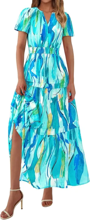 Floral Dress for Women Summer Boho Maxi Dresses Casual Short Sleeve V Neck Long Dresses A Line Tiered Flowy Sundresses