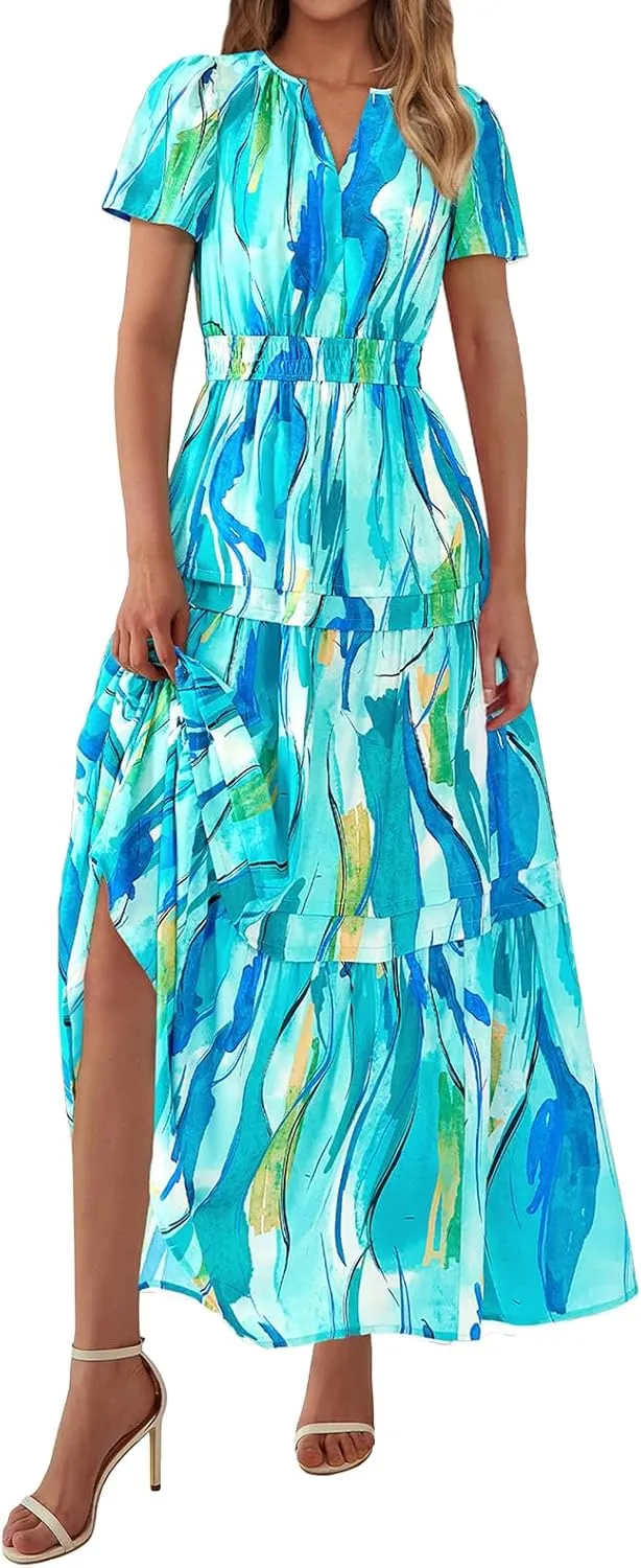 Floral Dress for Women Summer Boho Maxi Dresses Casual Short Sleeve V Neck Long Dresses A Line Tiered Flowy Sundresses