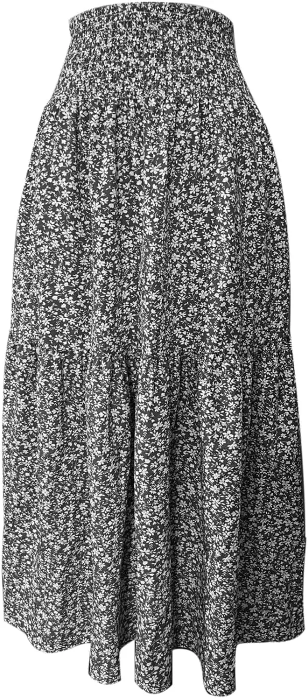Floral Maxi Skirt for Women High Elastic Waisted Ruffle Skirts A-Line Flowy Swing Boho Long Skirts Summer Beach Vacation