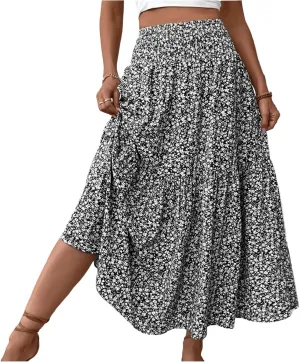 Floral Maxi Skirt for Women High Elastic Waisted Ruffle Skirts A-Line Flowy Swing Boho Long Skirts Summer Beach Vacation