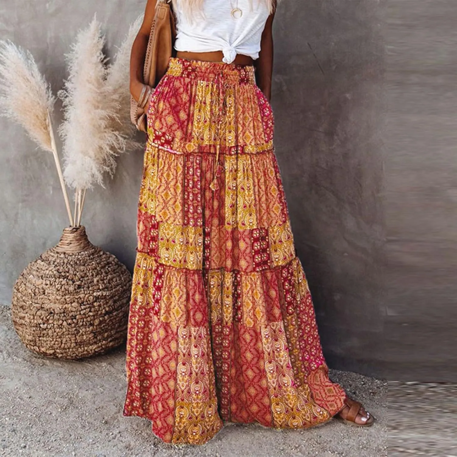 Floral Maxi Skirt with Pockets for Women 2025 Boho Flowy Drawstring Long Skirt Casual Tiered High Waisted Skirts