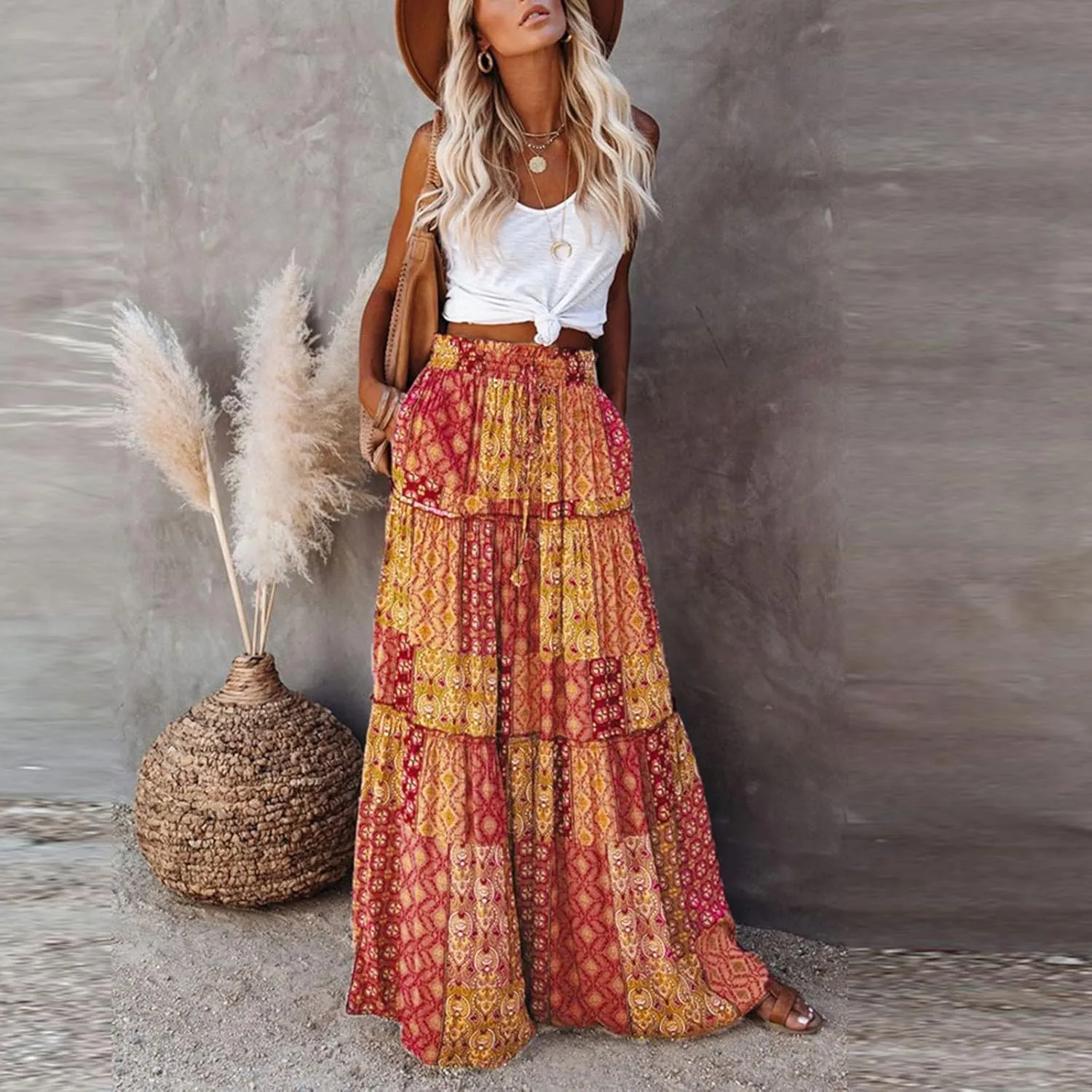 Floral Maxi Skirt with Pockets for Women 2025 Boho Flowy Drawstring Long Skirt Casual Tiered High Waisted Skirts