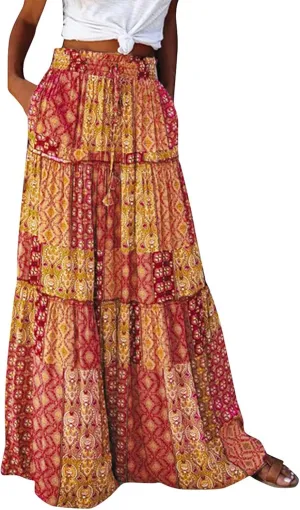 Floral Maxi Skirt with Pockets for Women 2025 Boho Flowy Drawstring Long Skirt Casual Tiered High Waisted Skirts